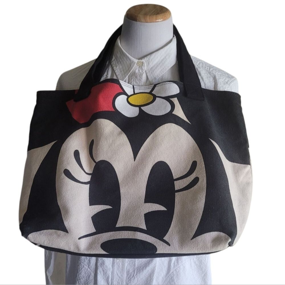 Disney Store Mickey & Minnie Big Face Double Sided Canvas Tote Bag Shoulder vaca - Picture 2 of 11